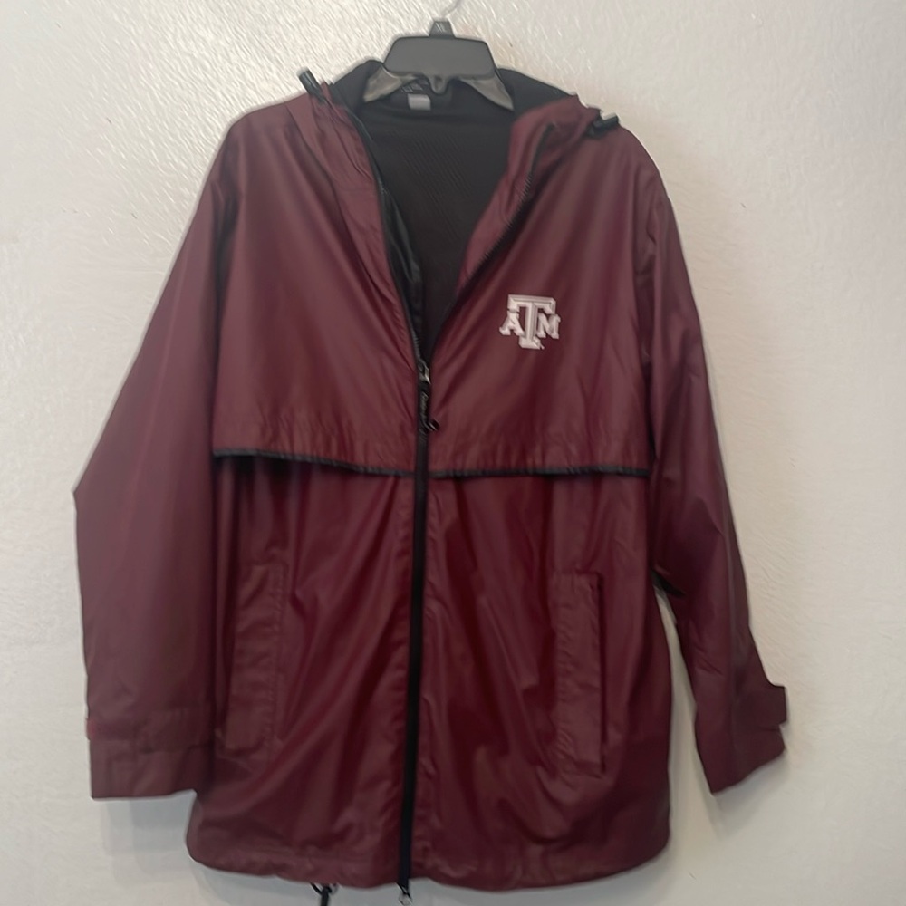 Texas A&M rain jacket by Charles River apparel.  Small/ hood/ zip front/ maroon